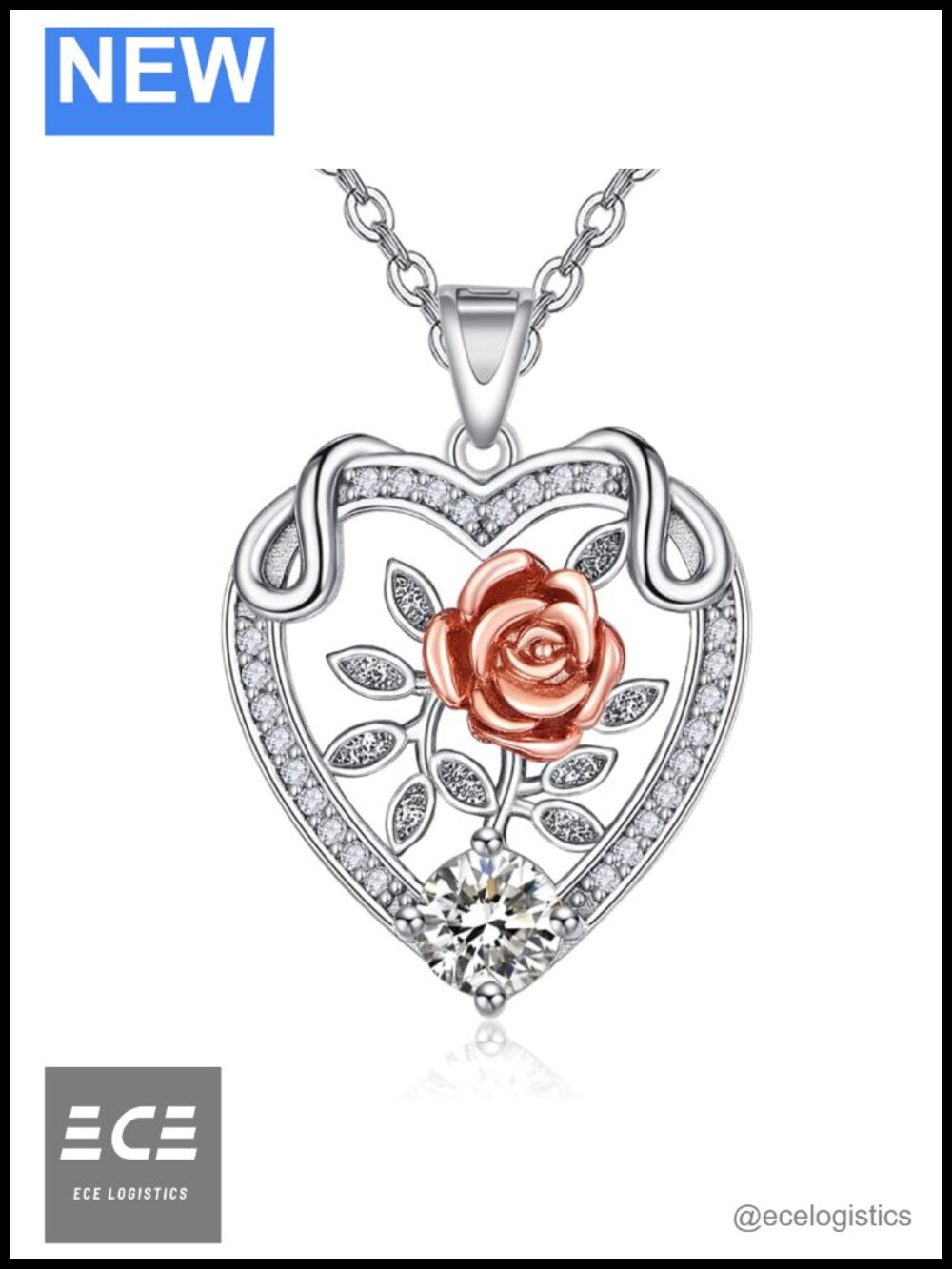 18K White Gold Plated Heart Rose Pendant Necklace Adjustable Chain